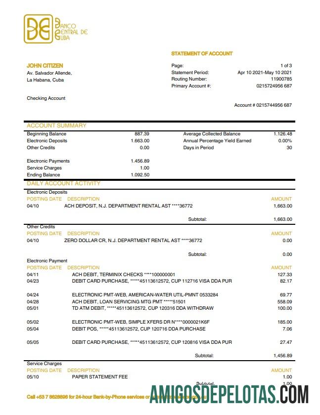 Cuba Banco Central De Cuba modelo de extrato bancário
